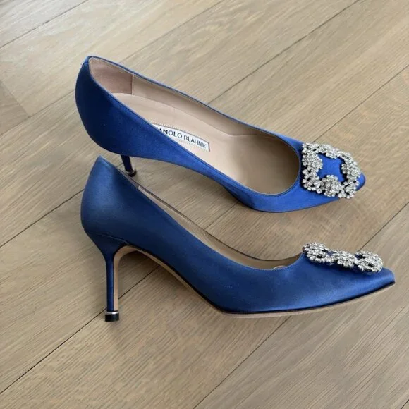 Manolo Blahnik Blue Satin Jeweled Pointed Toe Stiletto Pumps - Picture 2 of 6